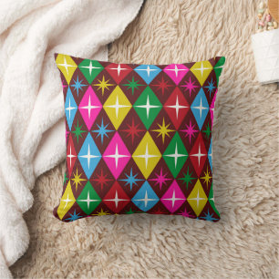 Mid Century Starbursts on Harlequin Diamonds Throw Pillow