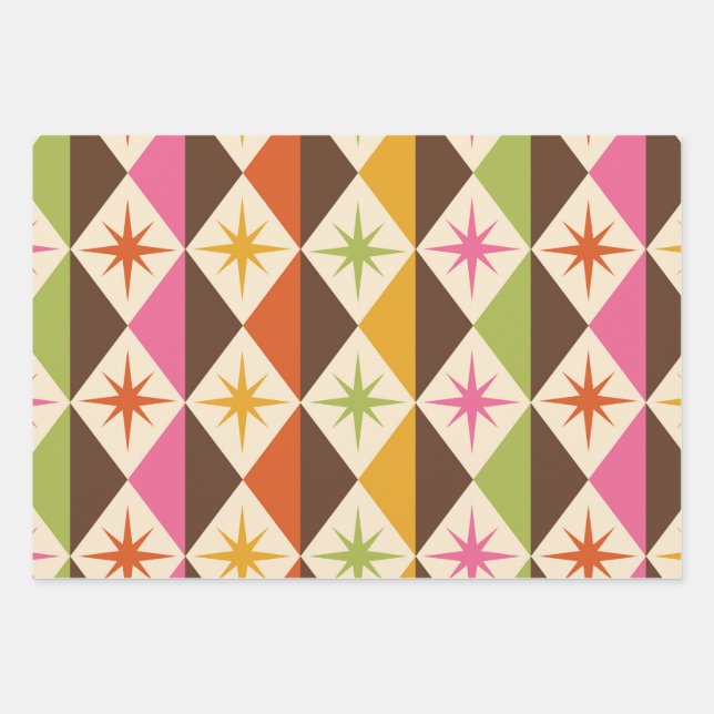 Mid Century Starbursts on Harlequin Diamonds  Wrapping Paper Sheet (Front)