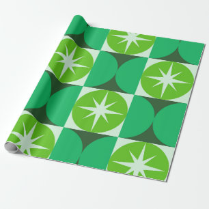 Mid Century Starbursts on Lime Mint Green circles Wrapping Paper