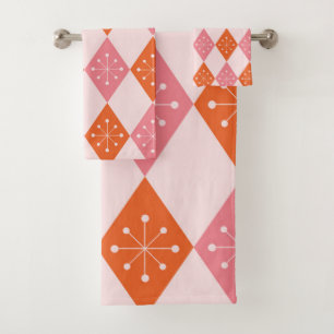 Mid Century Starbursts on Orange Pink Diamonds  Bath Towel Set