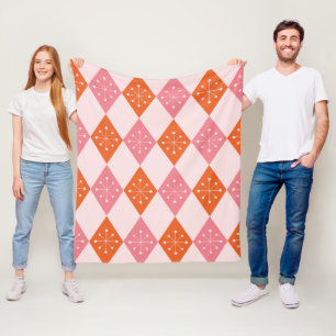 Mid Century Starbursts on Orange Pink Diamonds Fleece Blanket