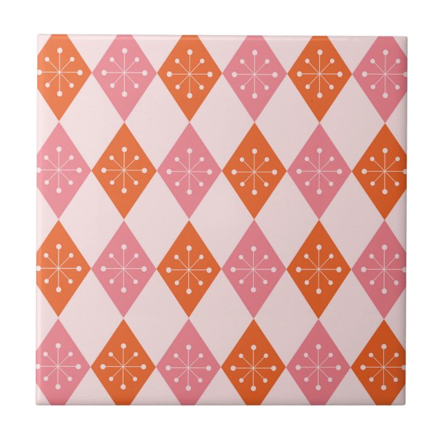 Mid Century Starbursts on Orange Pink Diamonds  Tile (Front)