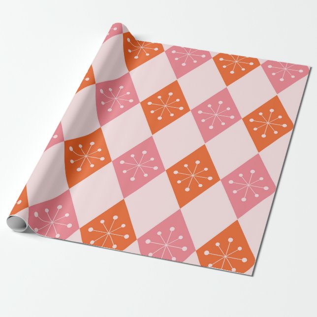 Mid Century Starbursts on Orange Pink Diamonds  Wrapping Paper (Unrolled)