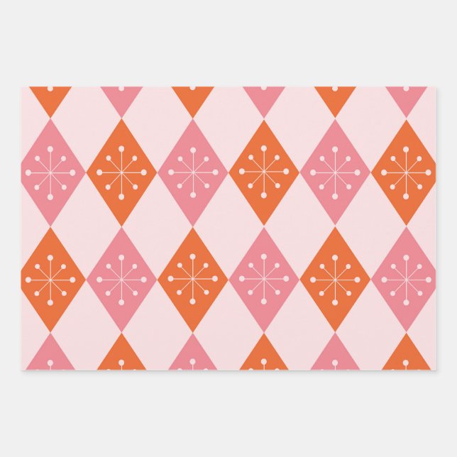 Mid Century Starbursts on Orange Pink Diamonds Wrapping Paper Sheet (Front)