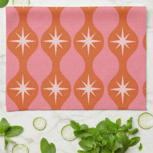 Mid Century Starbursts on Orange Pink Ogee Pattern Kitchen Towel