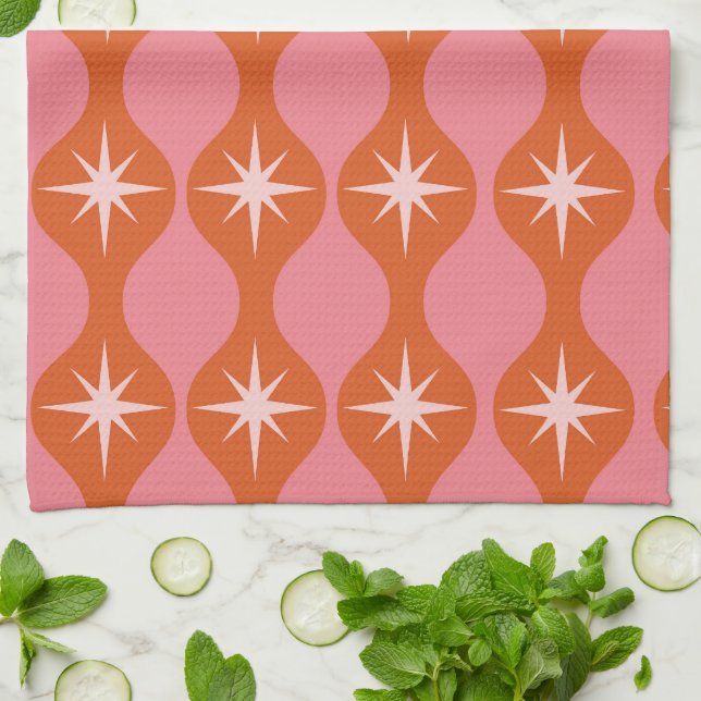 Mid Century Starbursts on Orange Pink Ogee Pattern Kitchen Towel (Folded)
