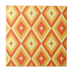 Mid Century Starbursts on Orange Red Diamonds Tile