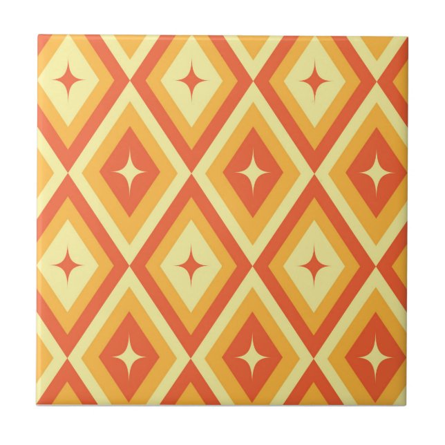 Mid Century Starbursts on Orange Red Diamonds  Tile (Front)