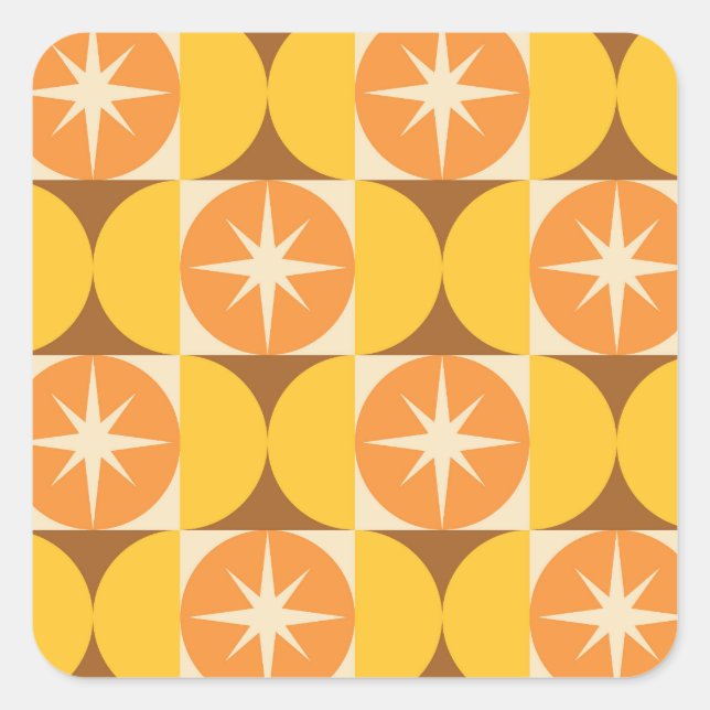 Mid Century Starbursts on Orange Yellow Circles  Square Sticker (Front)