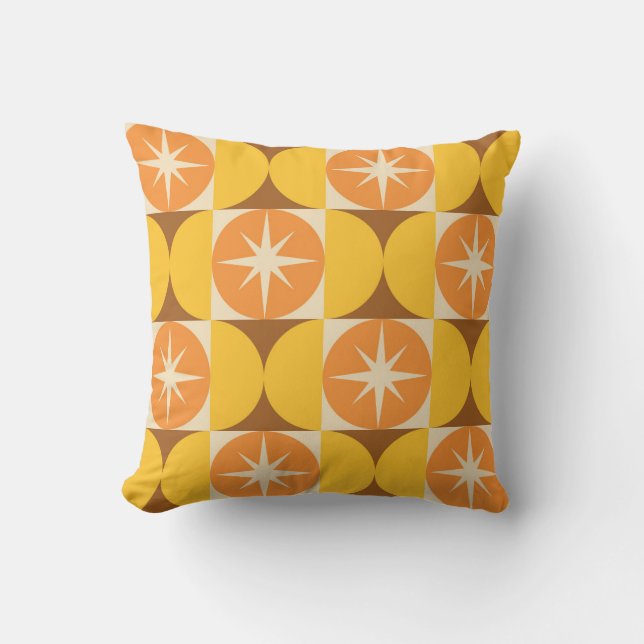 Mid Century Starbursts on Orange Yellow Circles  Throw Pillow (Front)
