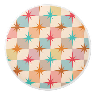 Mid Century Starbursts on Pastel Checkerboards Ceramic Knob