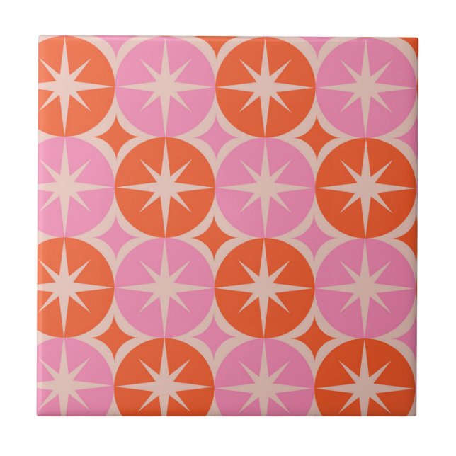 Mid Century Starbursts on Pink and Orange circles  Tile (Front)