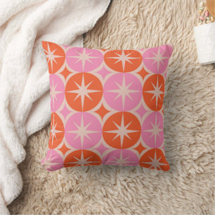 Mid Century Starbursts on Pink and Orange Cricles Throw Pillow