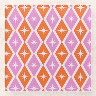 Mid Century Starbursts on Pink and Orange Diamonds Glass Coaster