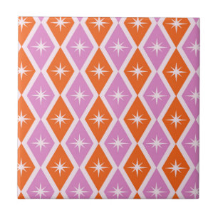 Mid Century Starbursts on Pink and Orange Diamonds Tile
