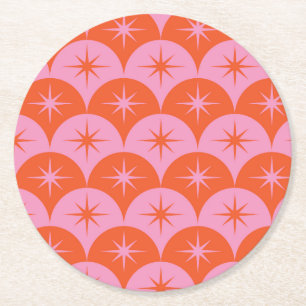 Mid Century Starbursts on Pink and Orange Scallops Round Paper Coaster