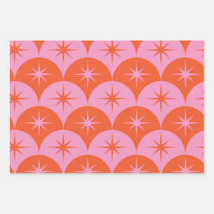 Mid Century Starbursts on Pink and Orange Scallops Wrapping Paper Sheet