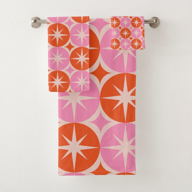 Mid Century Starbursts on Pink Orange Circles  Bath Towel Set (Insitu)