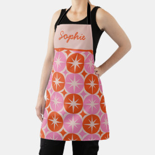 Mid Century Starbursts on Pink Orange Circles name Apron