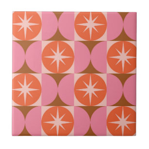 Mid Century Starbursts on Pink Orange Circles Tile