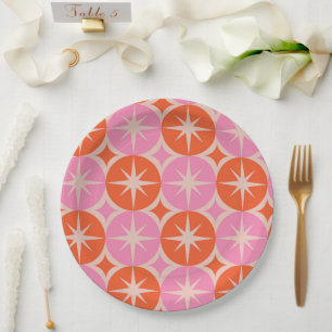 Mid Century Starbursts on Pink Orange Cricles  Paper Plate