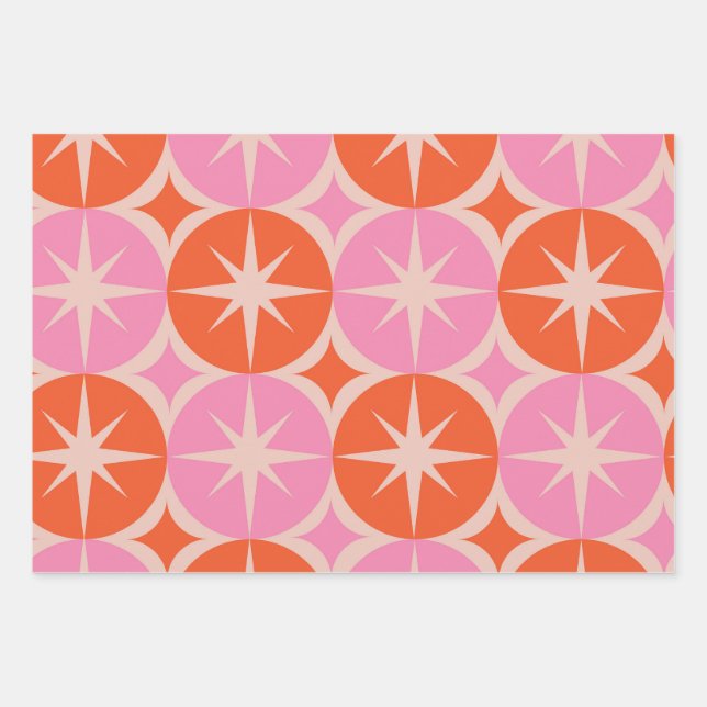 Mid Century Starbursts on Pink Orange Cricles  Wrapping Paper Sheet (Front)