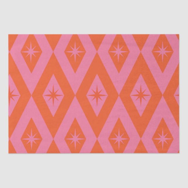 Mid Century Starbursts on Pink Orange Diamonds  Tissue Paper (Front)