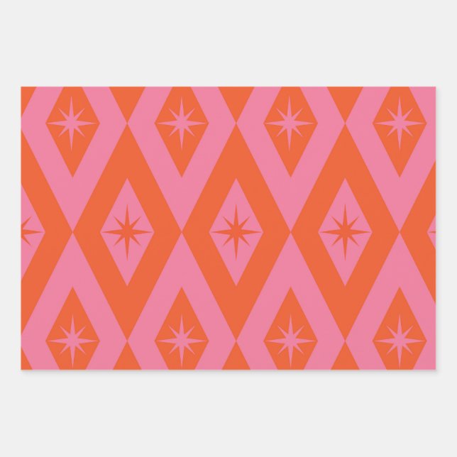 Mid Century Starbursts on Pink Orange Diamonds  Wrapping Paper Sheet (Front)