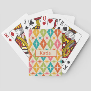 Mid Century Starbursts on Retro Diamonds Name Playing Cards