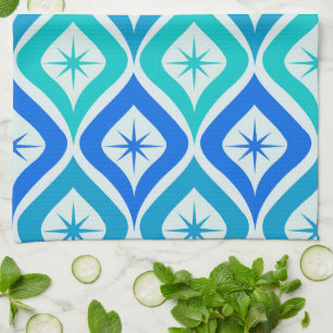 Mid Century Starbursts on Turqouise Blue Ogee Kitchen Towel