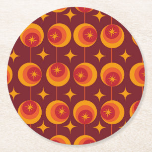 Mid Century Starbursts Pattern on Retro Circles Round Paper Coaster