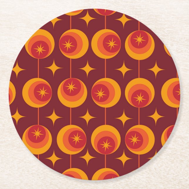 Mid Century Starbursts Pattern on Retro Circles Round Paper Coaster (Front)