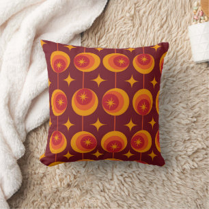 Mid Century Starbursts Pattern on Retro Circles Throw Pillow