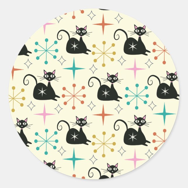 Mid Century Starbursts with Black Atomic Cat  Classic Round Sticker (Front)
