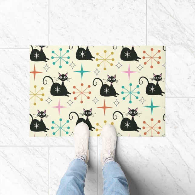 Mid Century Starbursts with Black Atomic Cat  Doormat (Indoor)