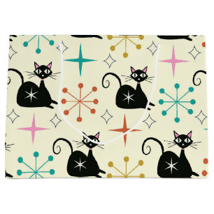 Mid Century Starbursts with Black Atomic Cat  Large Gift Bag