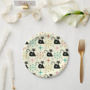 Mid Century Starbursts with Black Atomic Cat  Paper Plate