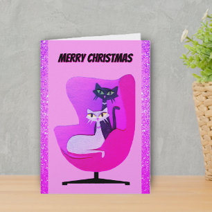 Mid Century Style Cats in Chair Christmas Pinks Holiday Card