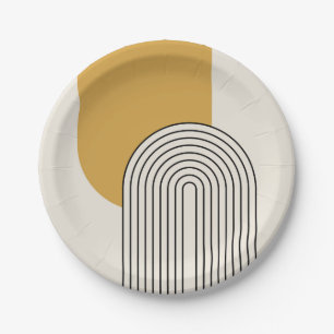 Mid Century style line art with mustard colour arc Paper Plate