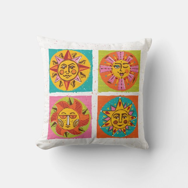 Mid Century Sun Faces Throw Pillow 2 (Front)