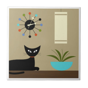 Mid Century Tabletop Cat with Ball Clock  Tile