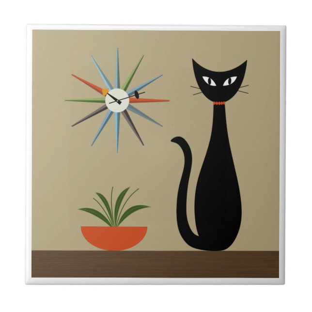Mid Century Tabletop Cat with Starburst Clock  Tile (Front)
