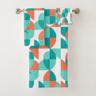 Mid-Century Teal and Coral Geometric Bath Towel Set