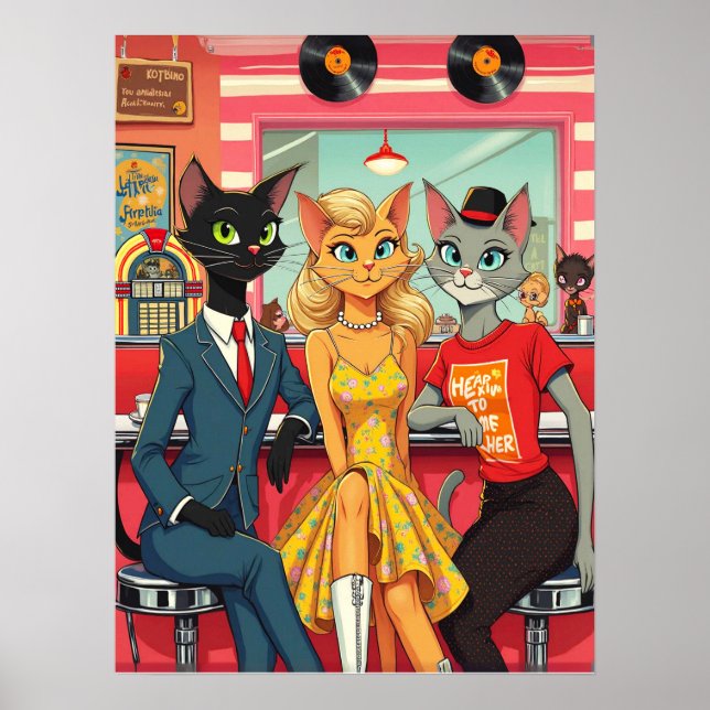 Mid Century Teenage Cats in a Diner Poster (Front)