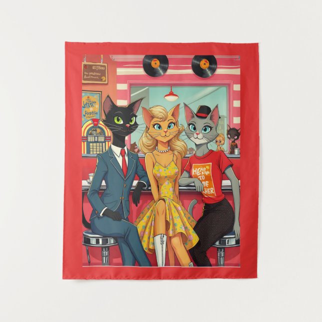 Mid Century Teenage Cats in a Diner Tapestry (Front)