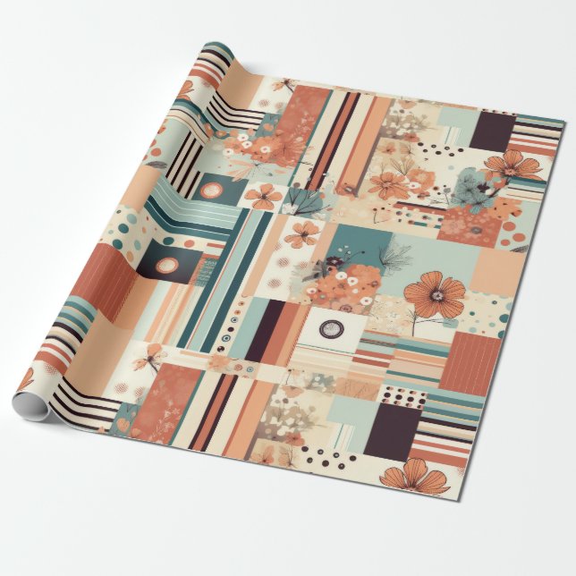 Mid Century Terracotta Teal Geometric Floral Wrapping Paper (Unrolled)