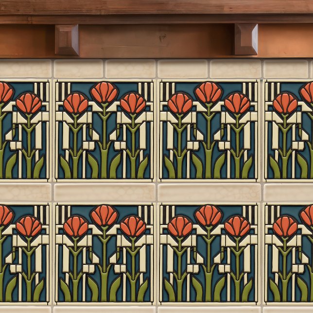 Mid-Century Tulips Abstract Symmetry Arts Crafts Tile (Creator Uploaded)