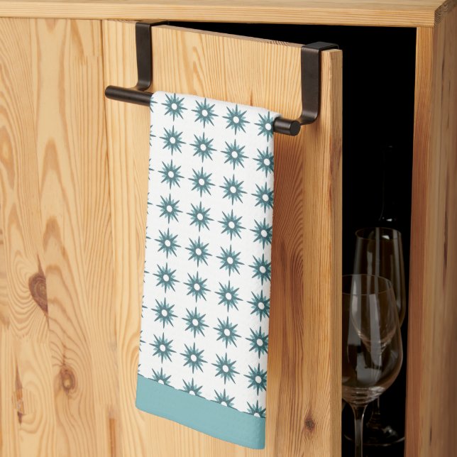 Mid-Century Turquoise Starburst Pattern Kitchen To Towel (Thirds Fold)
