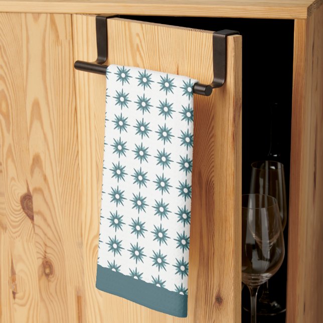 Mid-Century Turquoise Starburst Pattern Kitchen Towel (Thirds Fold)