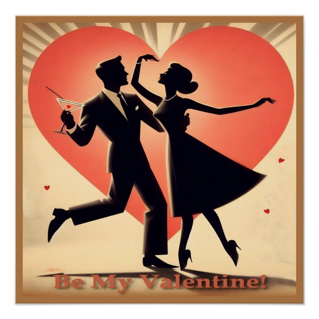 Mid Century Valentine Dancing Couple with Martini Poster (Front)